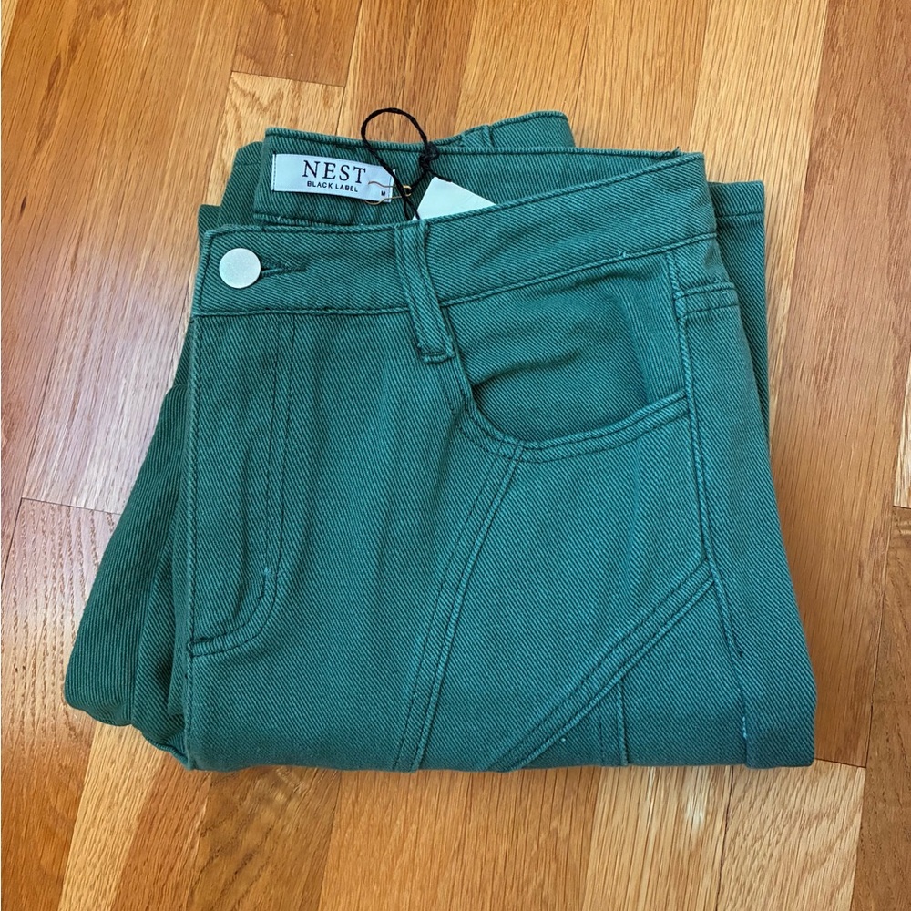 NEST Black Label Women’s Erin Twill Denim Pants Front Seams Green Size M NWT